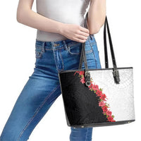 Hawaii Red Hibiscus Flowers Leather Tote Bag Polynesian Pattern With Half Black White Version LT03 - Polynesian Pride
