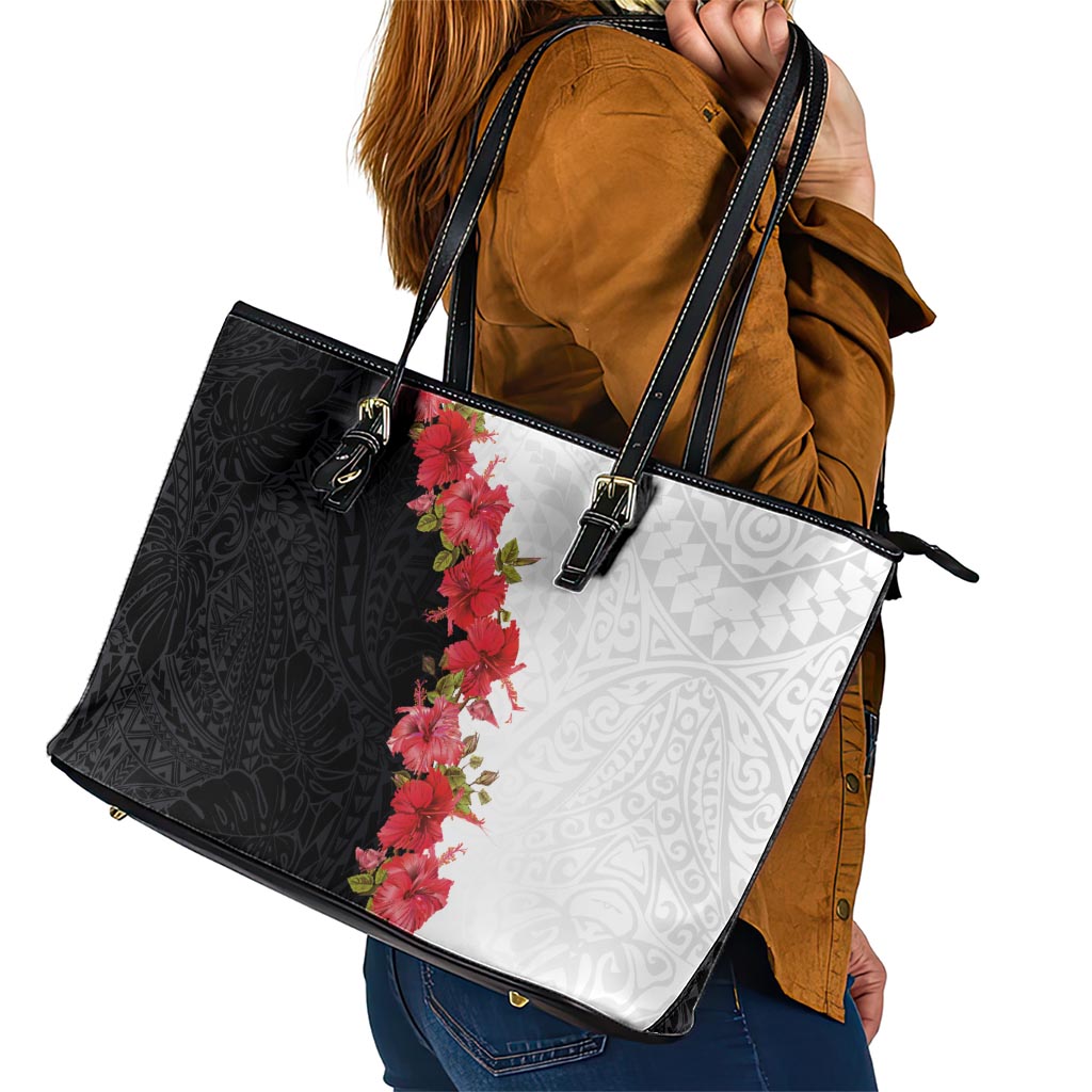 Hawaii Red Hibiscus Flowers Leather Tote Bag Polynesian Pattern With Half Black White Version LT03 - Polynesian Pride