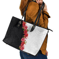 Hawaii Red Hibiscus Flowers Leather Tote Bag Polynesian Pattern With Half Black White Version LT03 - Polynesian Pride