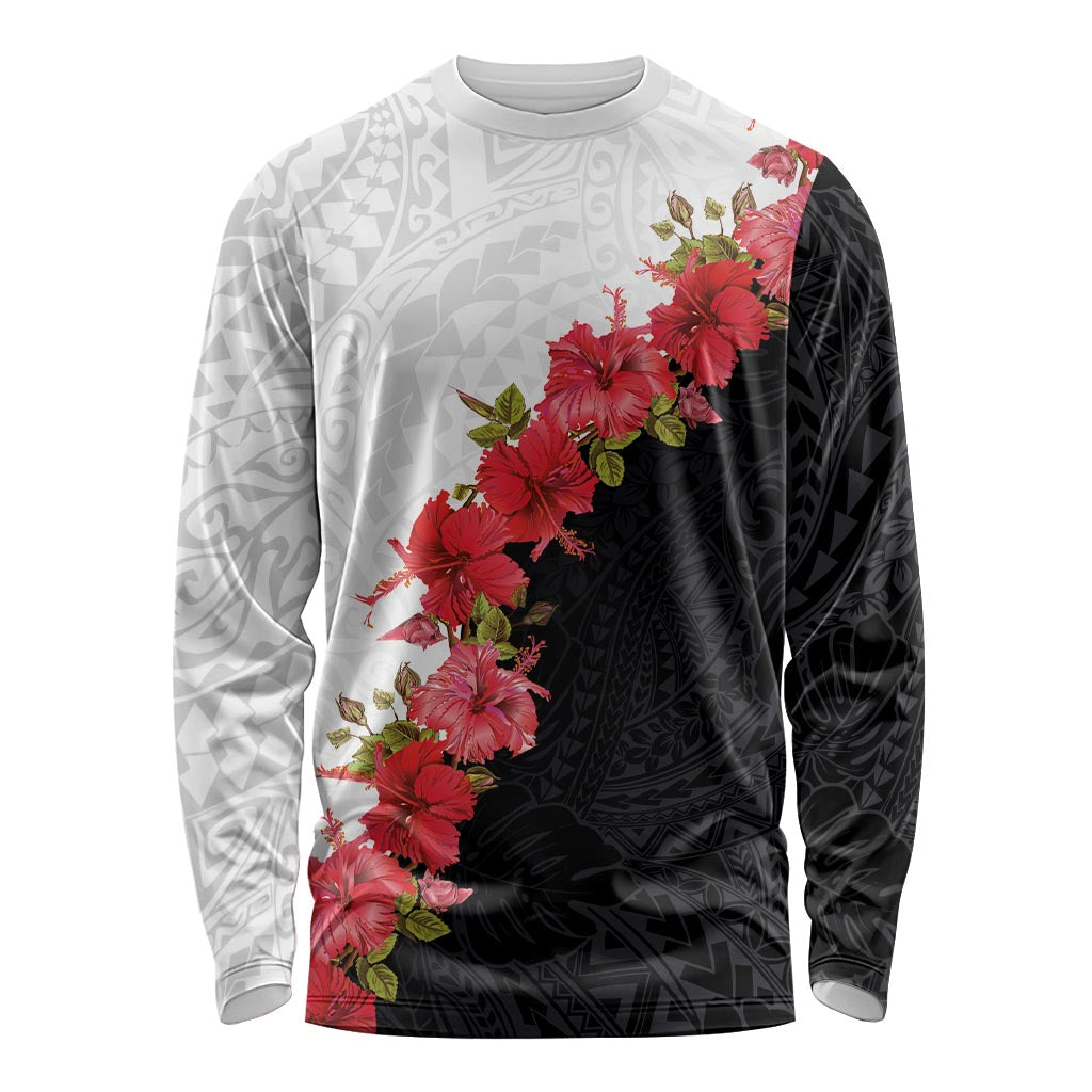 Hawaii Red Hibiscus Flowers Long Sleeve Shirt Polynesian Pattern With Half Black White Version LT03 Unisex Black - Polynesian Pride