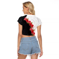 Hawaii Red Hibiscus Flowers Raglan Cropped T Shirt Polynesian Pattern With Half Black White Version
