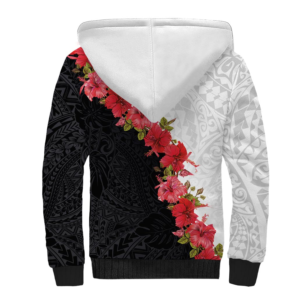 Hawaii Red Hibiscus Flowers Sherpa Hoodie Polynesian Pattern With Half Black White Version