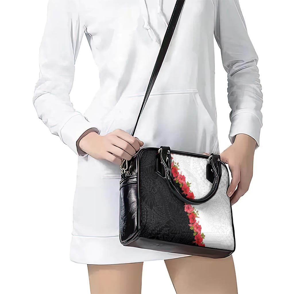 Hawaii Red Hibiscus Flowers Shoulder Handbag Polynesian Pattern With Half Black White Version