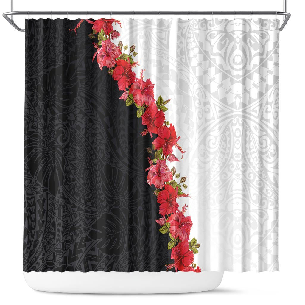 Hawaii Red Hibiscus Flowers Shower Curtain Polynesian Pattern With Half Black White Version LT03 Black - Polynesian Pride
