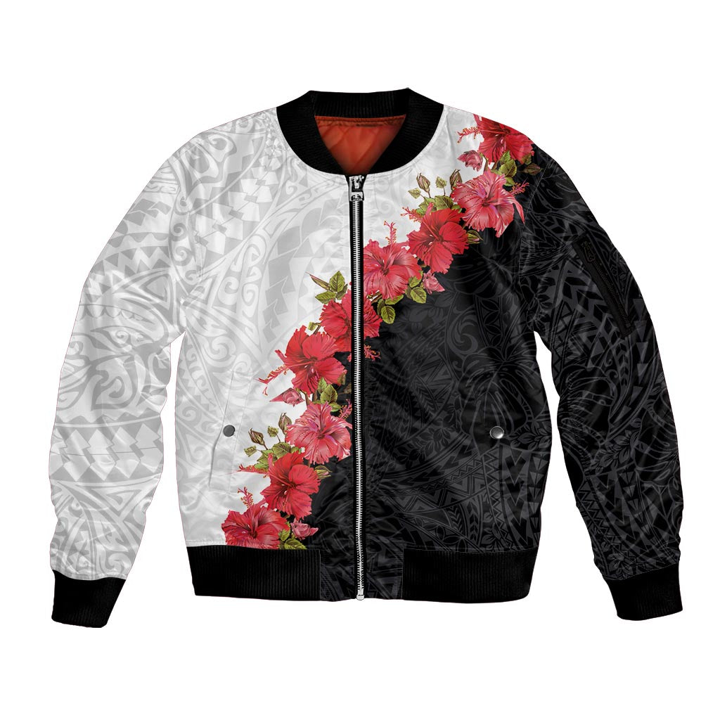 Hawaii Red Hibiscus Flowers Sleeve Zip Bomber Jacket Polynesian Pattern With Half Black White Version LT03 Unisex Black - Polynesian Pride