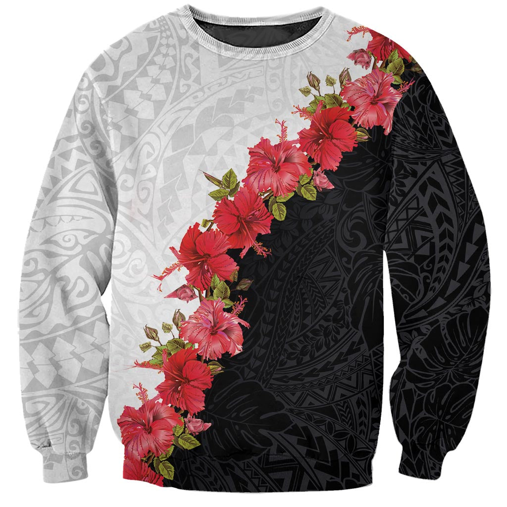 Hawaii Red Hibiscus Flowers Sweatshirt Polynesian Pattern With Half Black White Version