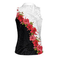 Hawaii Red Hibiscus Flowers Women Sleeveless Polo Shirt Polynesian Pattern With Half Black White Version