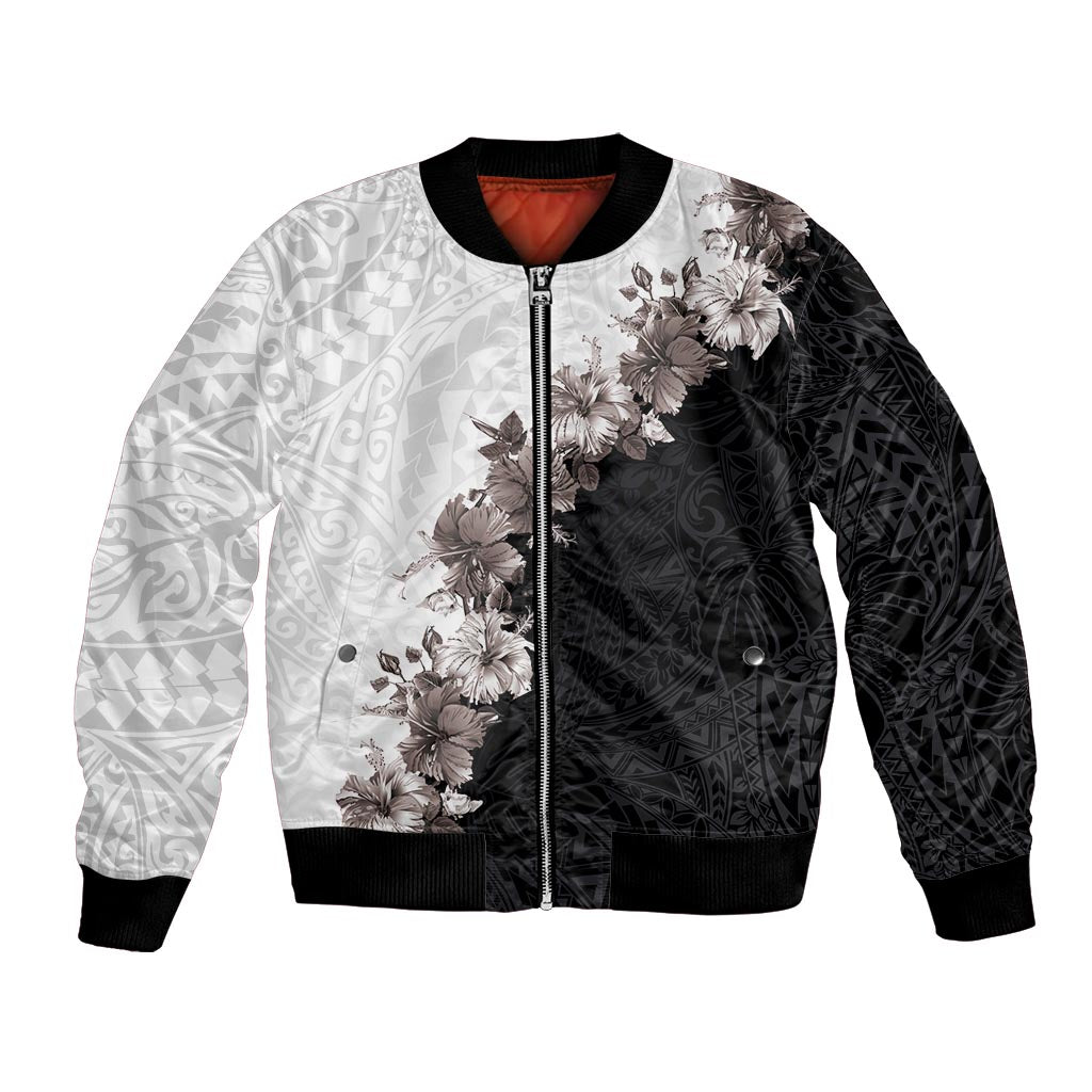 Hawaii Grayscale Hibiscus Flowers Bomber Jacket Polynesian Pattern With Half Black White Version LT03 Unisex Black - Polynesian Pride