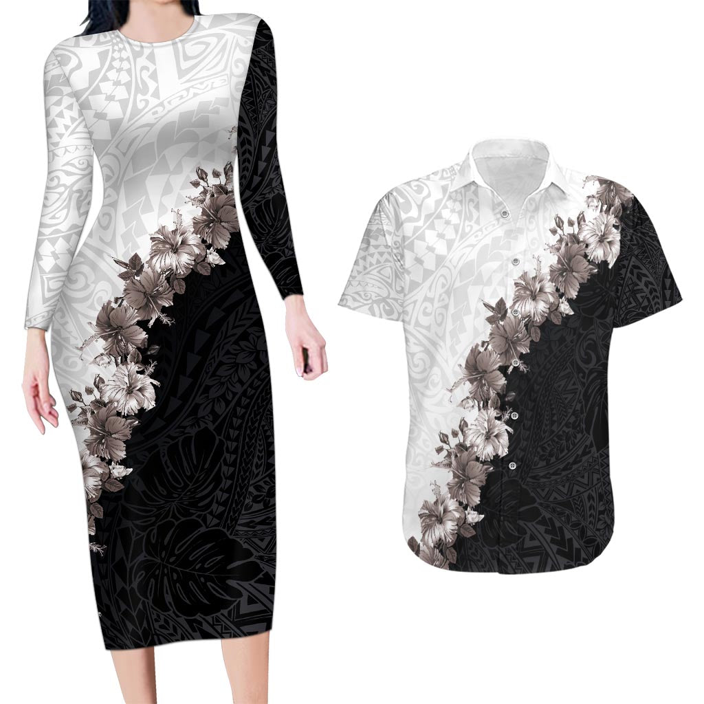 Hawaii Grayscale Hibiscus Flowers Couples Matching Long Sleeve Bodycon Dress and Hawaiian Shirt Polynesian Pattern With Half Black White Version LT03 Black - Polynesian Pride