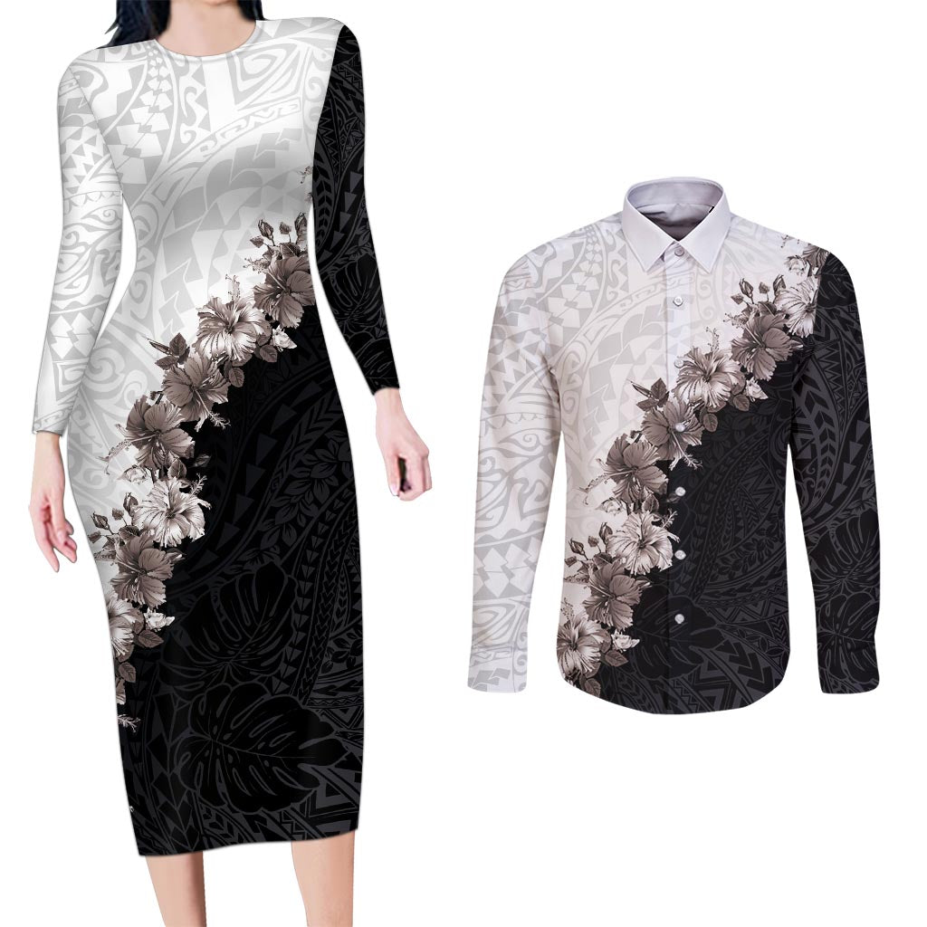 Hawaii Grayscale Hibiscus Flowers Couples Matching Long Sleeve Bodycon Dress and Long Sleeve Button Shirt Polynesian Pattern With Half Black White Version LT03 Black - Polynesian Pride