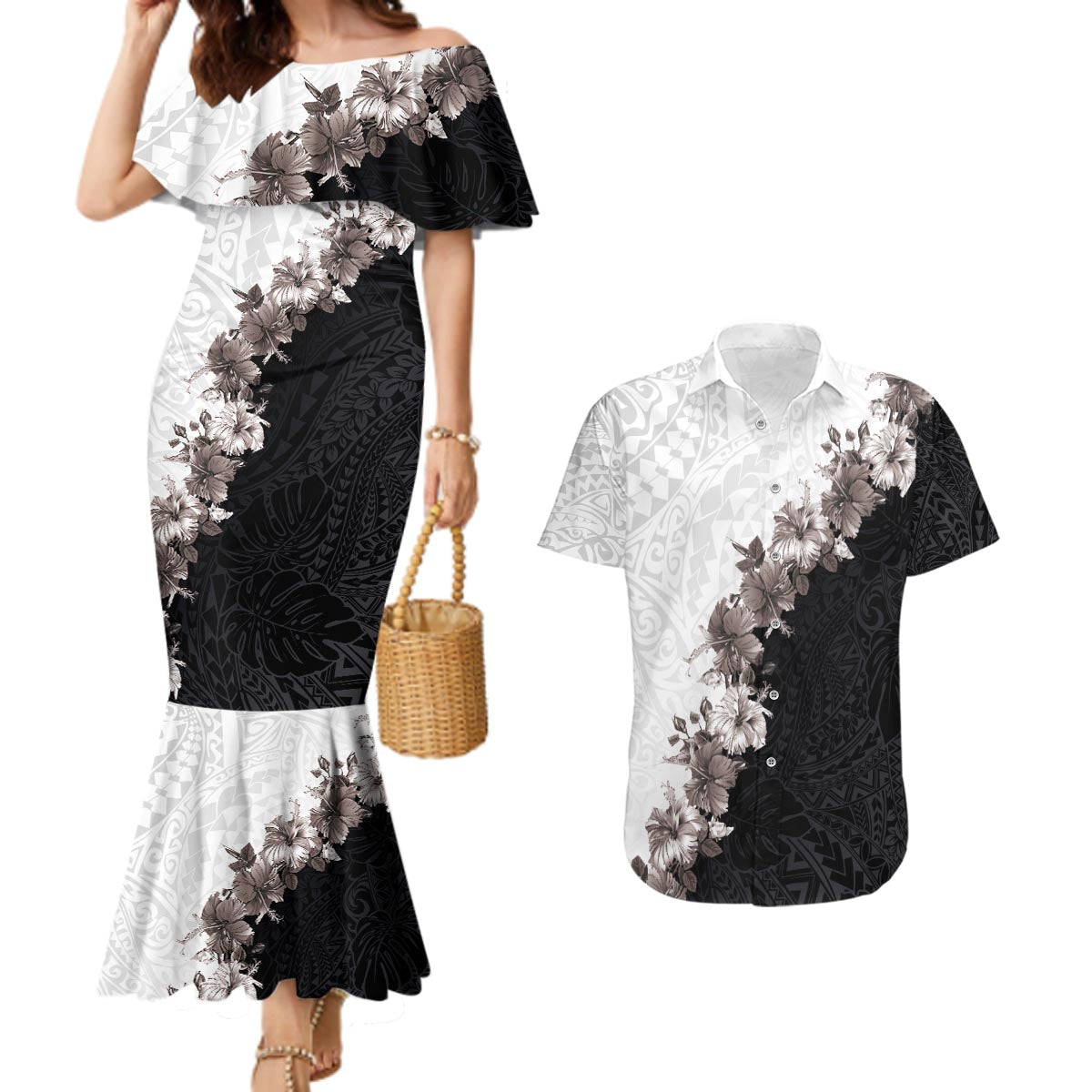 Hawaii Grayscale Hibiscus Flowers Couples Matching Mermaid Dress and Hawaiian Shirt Polynesian Pattern With Half Black White Version LT03 Black - Polynesian Pride