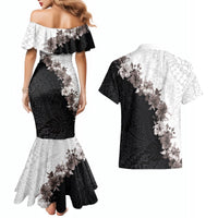 Hawaii Grayscale Hibiscus Flowers Couples Matching Mermaid Dress and Hawaiian Shirt Polynesian Pattern With Half Black White Version