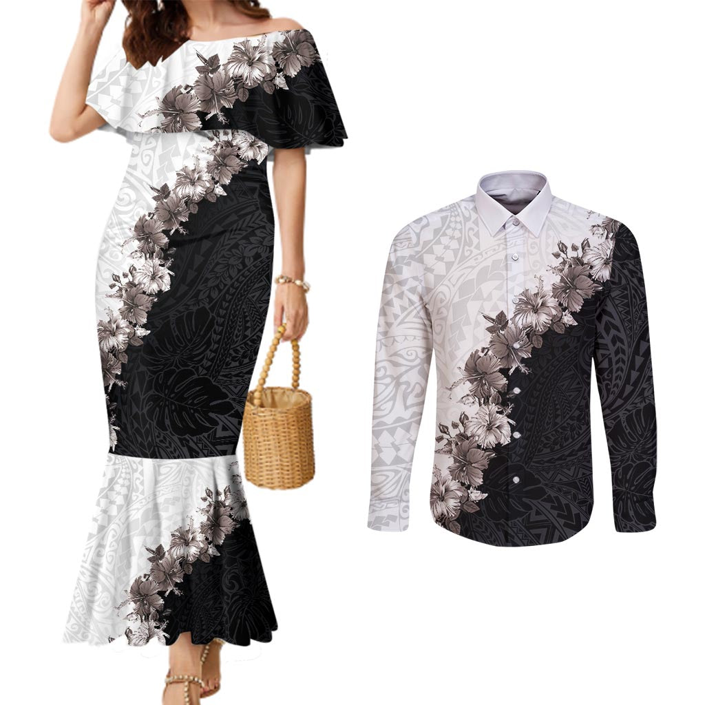 Hawaii Grayscale Hibiscus Flowers Couples Matching Mermaid Dress and Long Sleeve Button Shirt Polynesian Pattern With Half Black White Version LT03 Black - Polynesian Pride