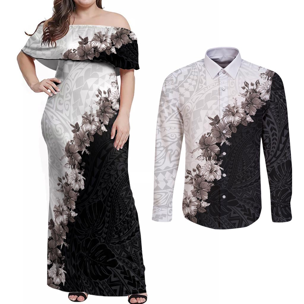 Hawaii Grayscale Hibiscus Flowers Couples Matching Off Shoulder Maxi Dress and Long Sleeve Button Shirt Polynesian Pattern With Half Black White Version LT03 Black - Polynesian Pride