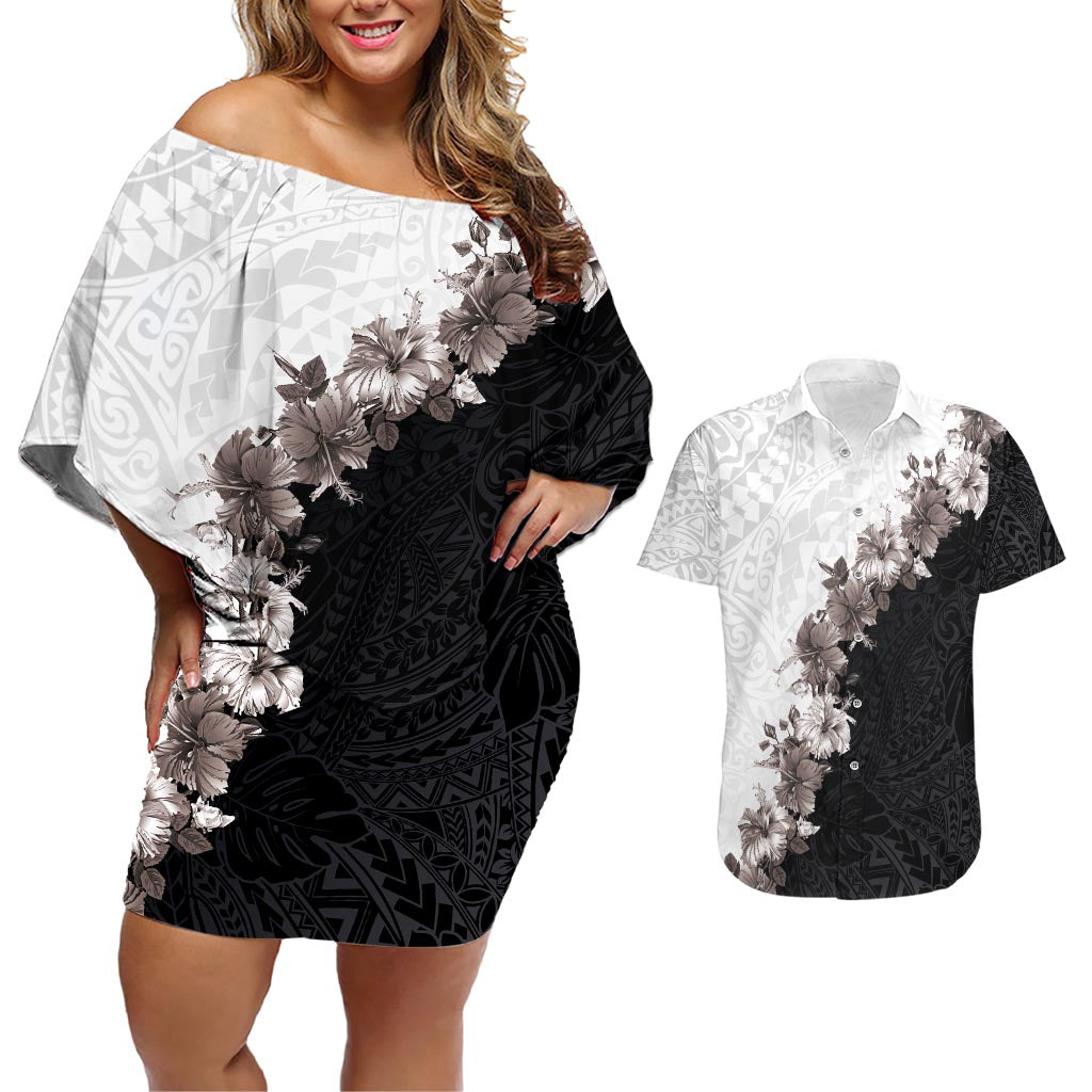Hawaii Grayscale Hibiscus Flowers Couples Matching Off Shoulder Short Dress and Hawaiian Shirt Polynesian Pattern With Half Black White Version LT03 Black - Polynesian Pride