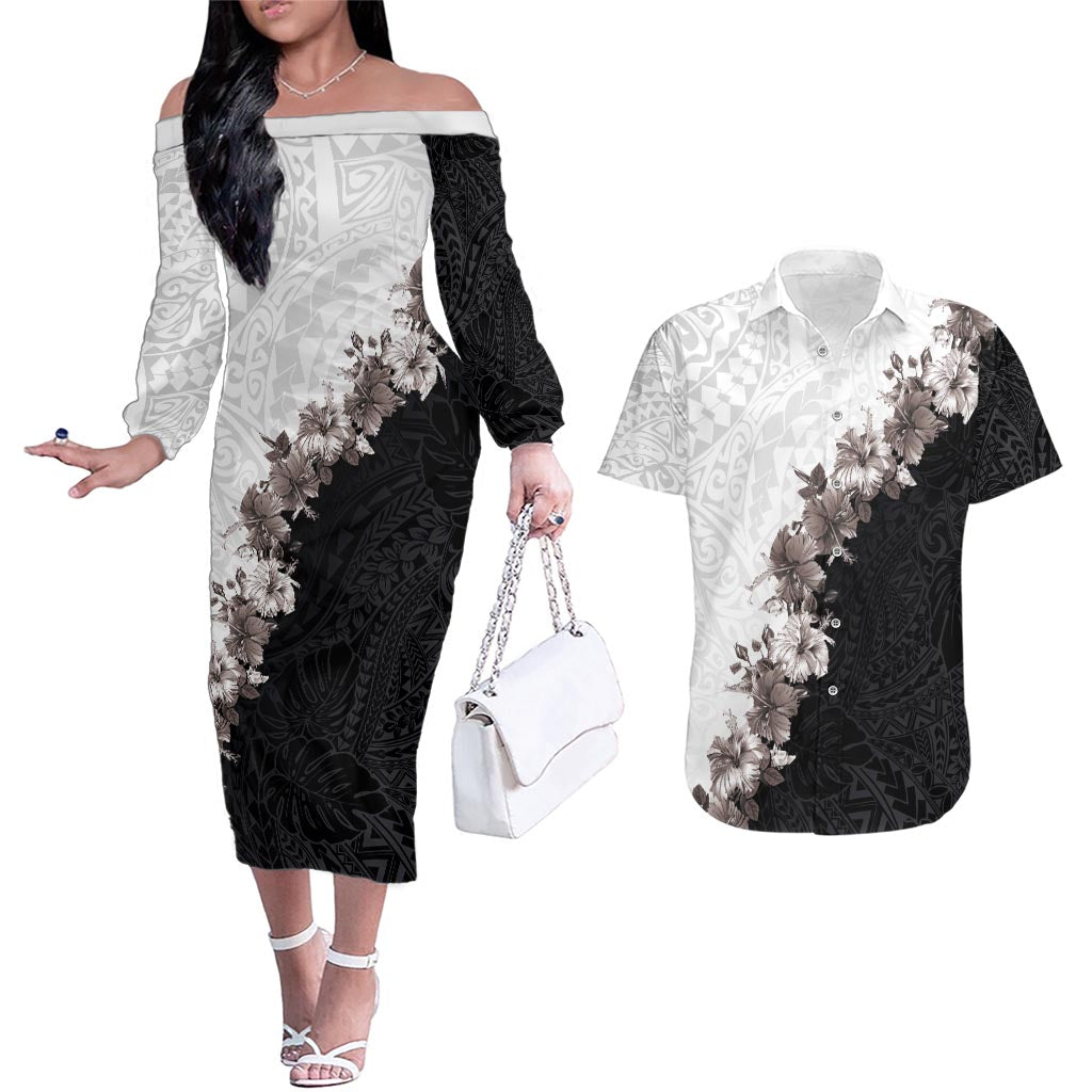 Hawaii Grayscale Hibiscus Flowers Couples Matching Off The Shoulder Long Sleeve Dress and Hawaiian Shirt Polynesian Pattern With Half Black White Version LT03 Black - Polynesian Pride