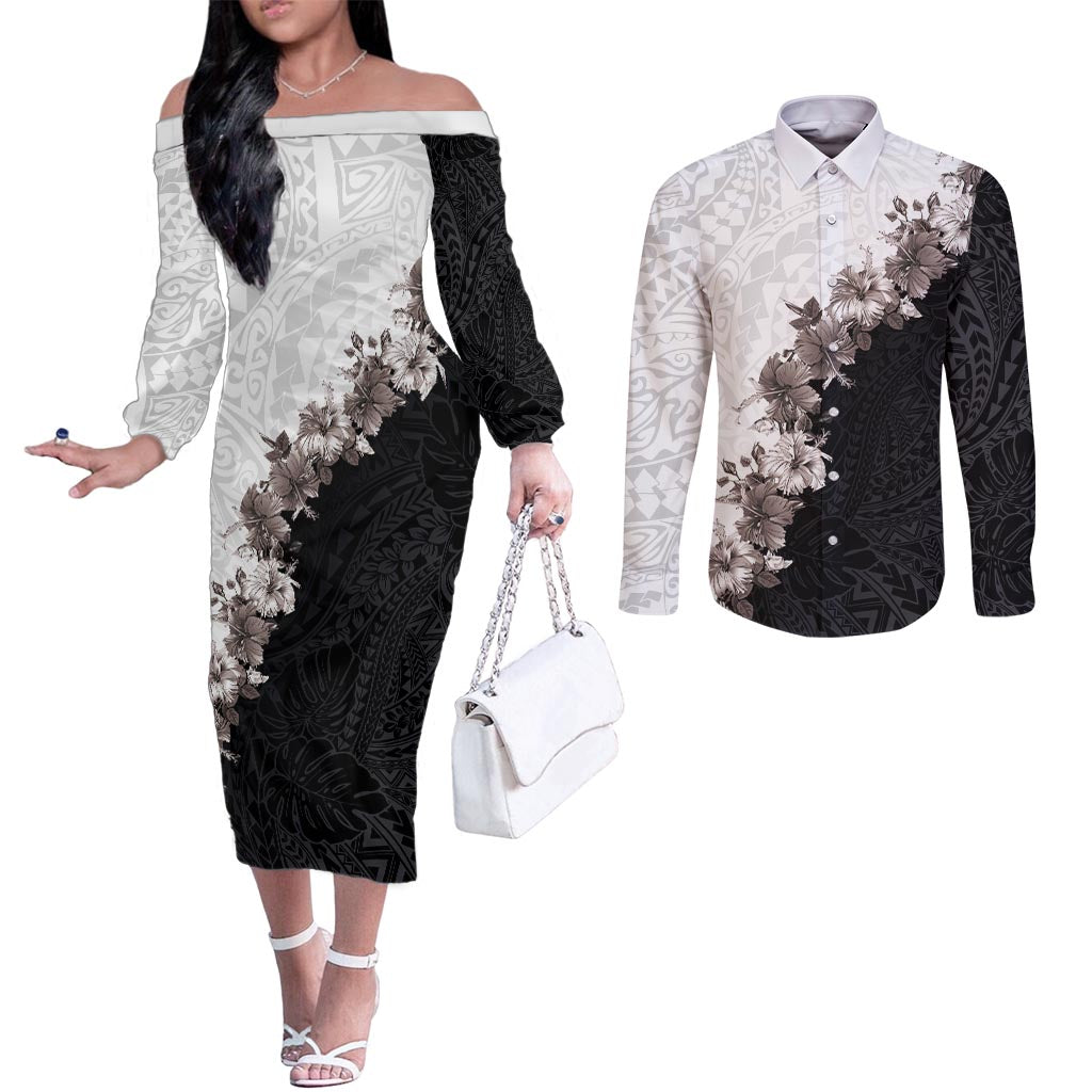 Hawaii Grayscale Hibiscus Flowers Couples Matching Off The Shoulder Long Sleeve Dress and Long Sleeve Button Shirt Polynesian Pattern With Half Black White Version LT03 Black - Polynesian Pride