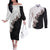 Hawaii Grayscale Hibiscus Flowers Couples Matching Off The Shoulder Long Sleeve Dress and Long Sleeve Button Shirt Polynesian Pattern With Half Black White Version