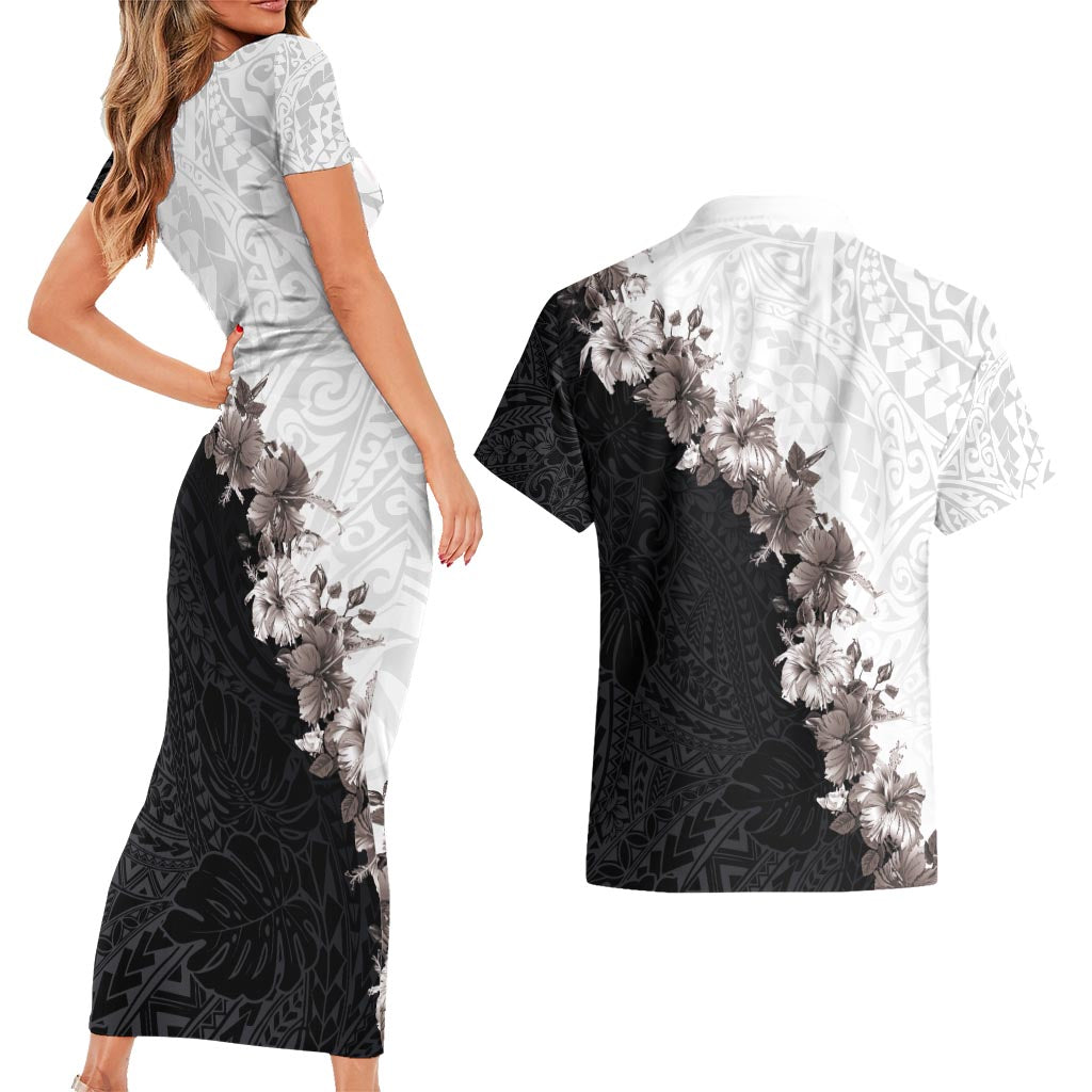Hawaii Grayscale Hibiscus Flowers Couples Matching Short Sleeve Bodycon Dress and Hawaiian Shirt Polynesian Pattern With Half Black White Version