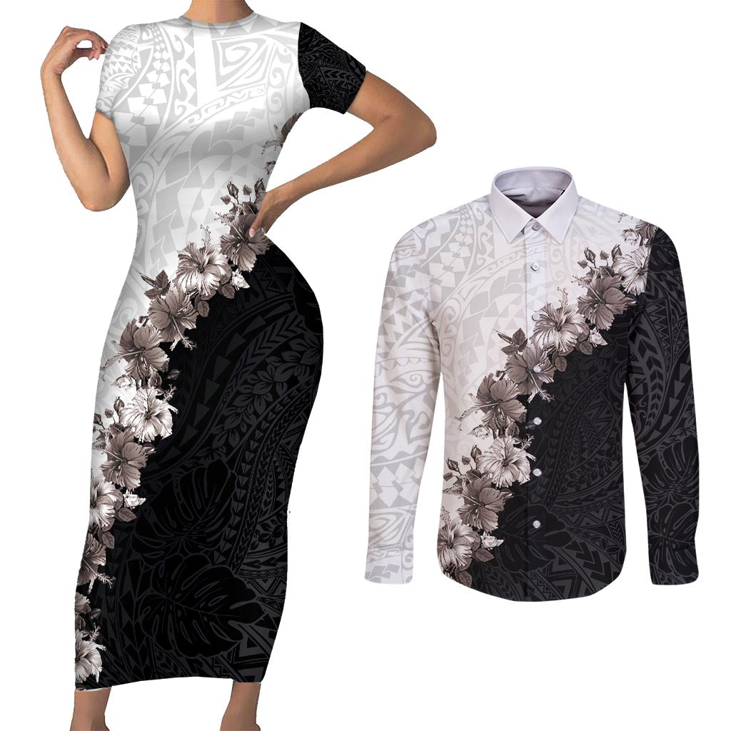 Hawaii Grayscale Hibiscus Flowers Couples Matching Short Sleeve Bodycon Dress and Long Sleeve Button Shirt Polynesian Pattern With Half Black White Version LT03 Black - Polynesian Pride