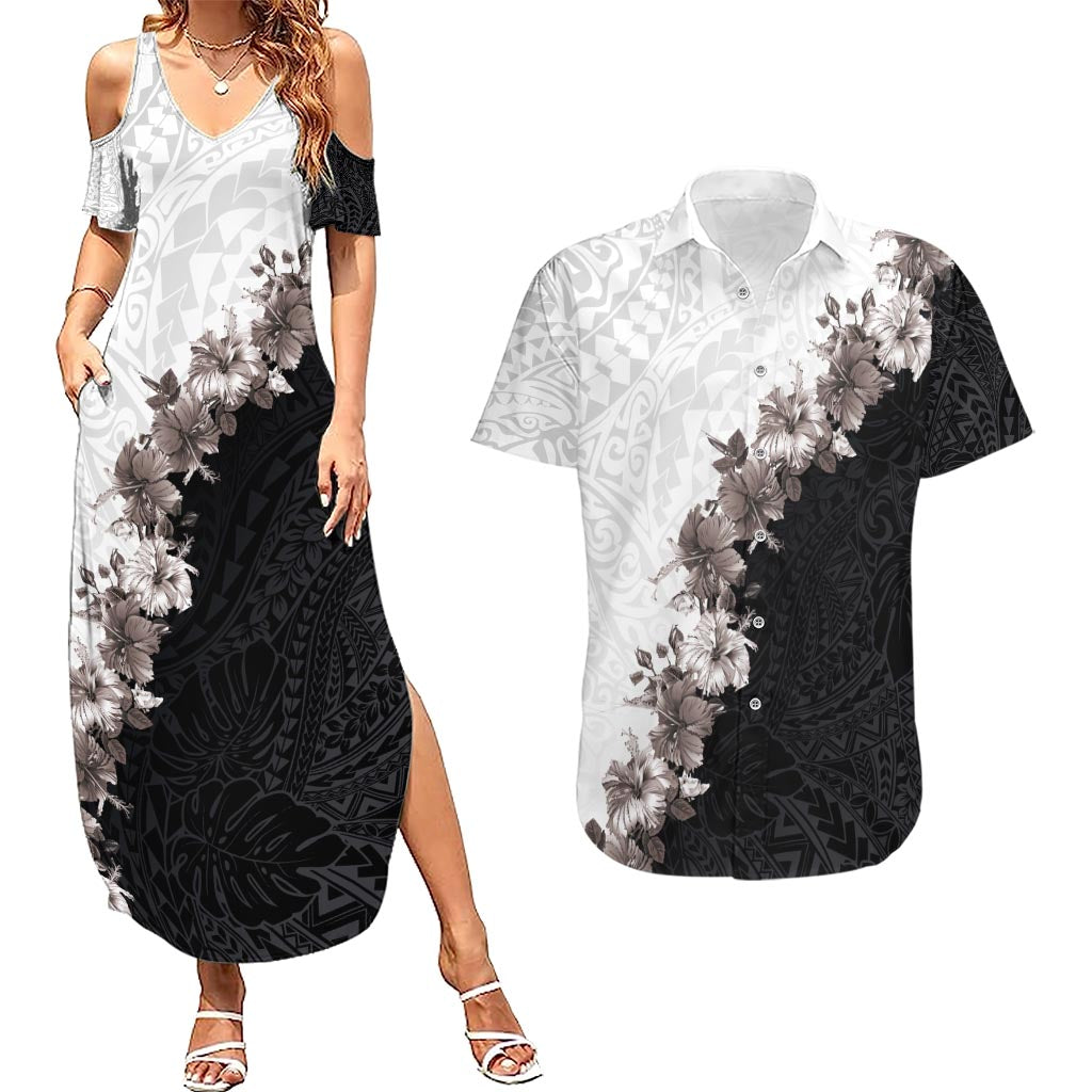 Hawaii Grayscale Hibiscus Flowers Couples Matching Summer Maxi Dress and Hawaiian Shirt Polynesian Pattern With Half Black White Version LT03 Black - Polynesian Pride