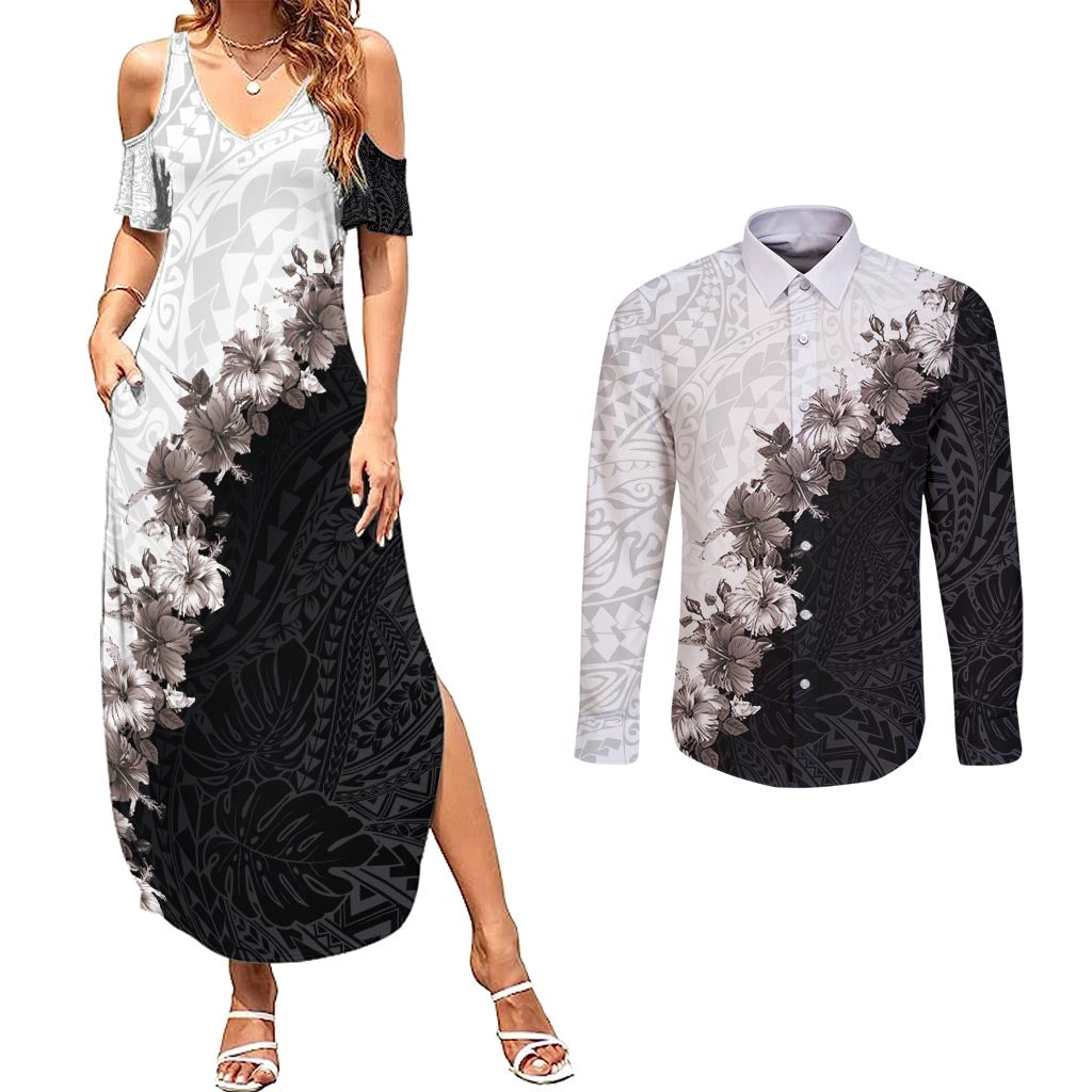 Hawaii Grayscale Hibiscus Flowers Couples Matching Summer Maxi Dress and Long Sleeve Button Shirt Polynesian Pattern With Half Black White Version