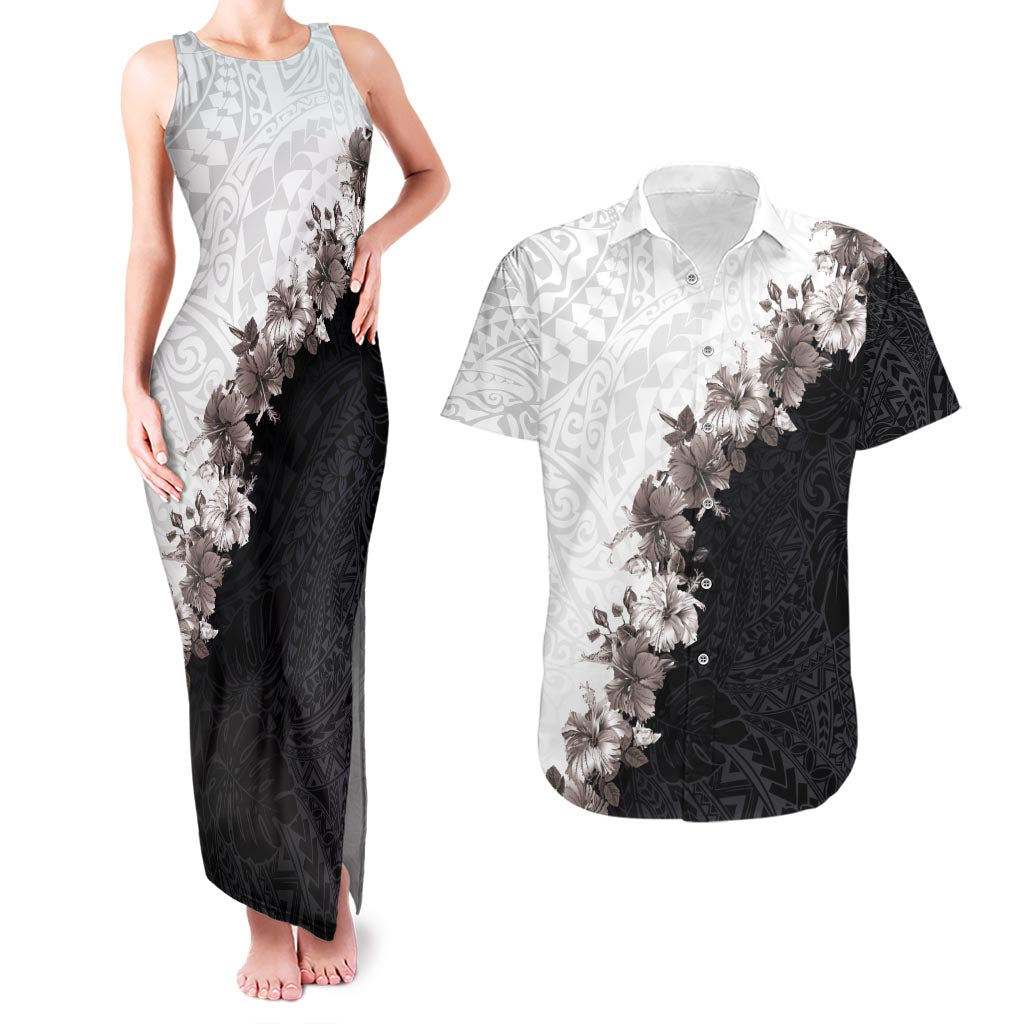 Hawaii Grayscale Hibiscus Flowers Couples Matching Tank Maxi Dress and Hawaiian Shirt Polynesian Pattern With Half Black White Version LT03 Black - Polynesian Pride