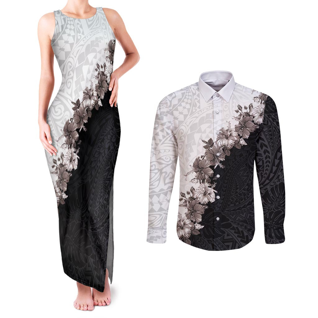 Hawaii Grayscale Hibiscus Flowers Couples Matching Tank Maxi Dress and Long Sleeve Button Shirt Polynesian Pattern With Half Black White Version LT03 Black - Polynesian Pride