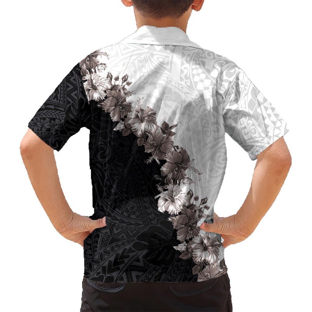 Hawaii Grayscale Hibiscus Flowers Family Matching Long Sleeve Bodycon Dress and Hawaiian Shirt Polynesian Pattern With Half Black White Version LT03 - Polynesian Pride