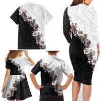 Hawaii Grayscale Hibiscus Flowers Family Matching Long Sleeve Bodycon Dress and Hawaiian Shirt Polynesian Pattern With Half Black White Version LT03 - Polynesian Pride