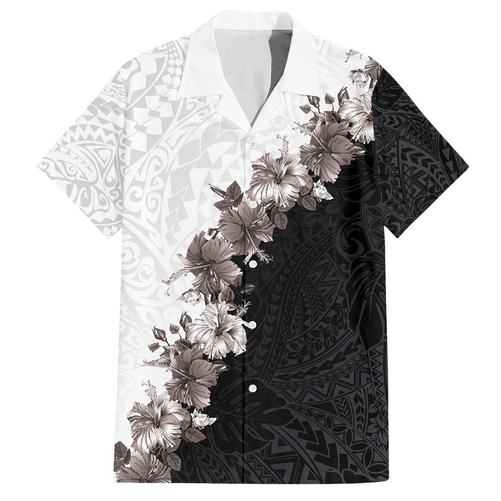 Hawaii Grayscale Hibiscus Flowers Family Matching Long Sleeve Bodycon Dress and Hawaiian Shirt Polynesian Pattern With Half Black White Version LT03 Dad's Shirt - Short Sleeve Black - Polynesian Pride