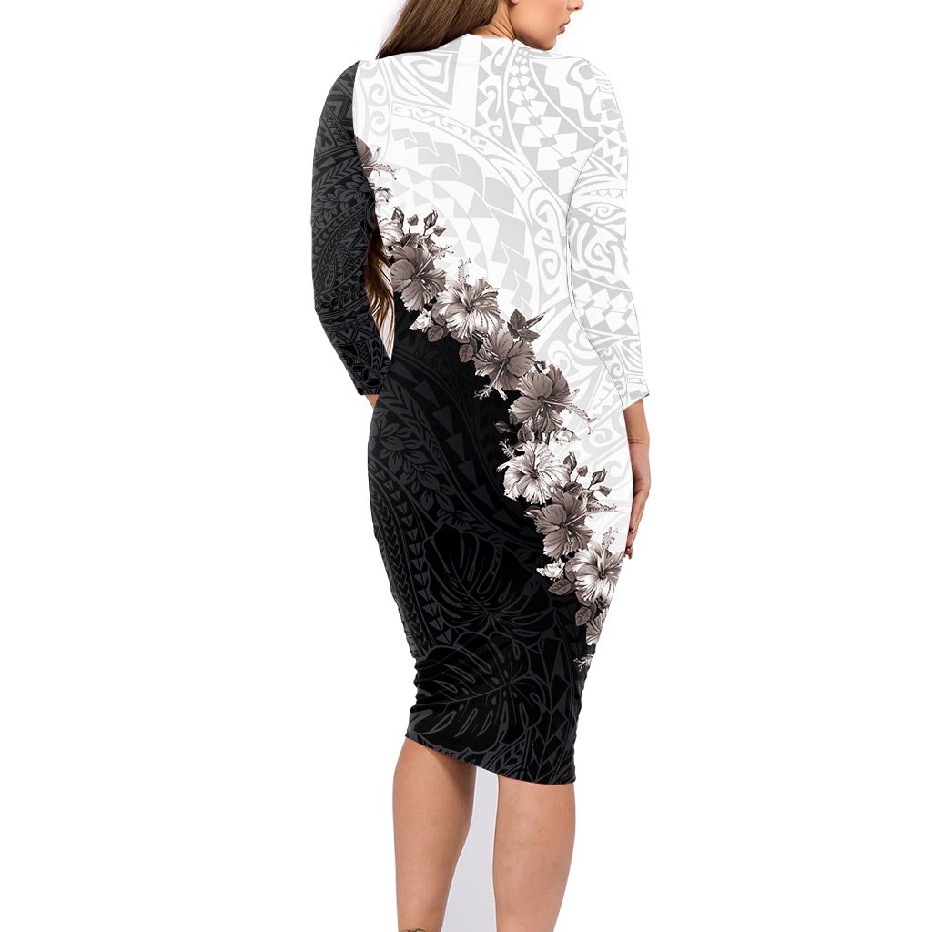Hawaii Grayscale Hibiscus Flowers Family Matching Long Sleeve Bodycon Dress and Hawaiian Shirt Polynesian Pattern With Half Black White Version LT03 - Polynesian Pride