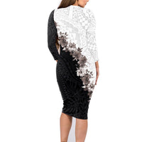 Hawaii Grayscale Hibiscus Flowers Family Matching Long Sleeve Bodycon Dress and Hawaiian Shirt Polynesian Pattern With Half Black White Version LT03 - Polynesian Pride