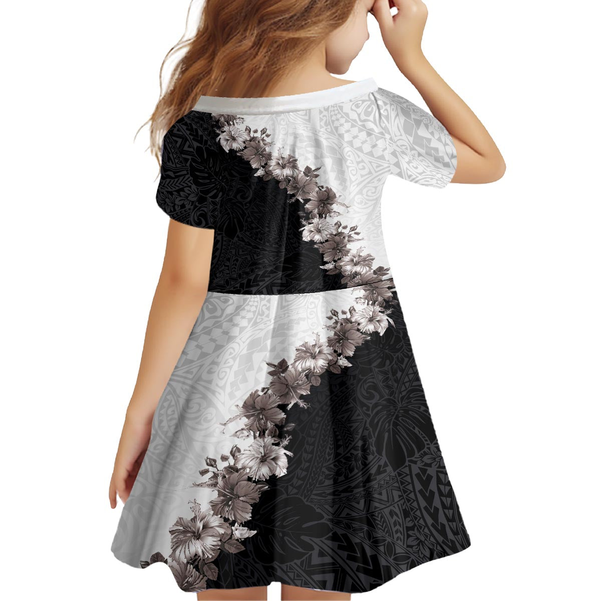 Hawaii Grayscale Hibiscus Flowers Family Matching Off The Shoulder Long Sleeve Dress and Hawaiian Shirt Polynesian Pattern With Half Black White Version LT03 - Polynesian Pride