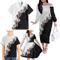 Hawaii Grayscale Hibiscus Flowers Family Matching Off The Shoulder Long Sleeve Dress and Hawaiian Shirt Polynesian Pattern With Half Black White Version LT03 - Polynesian Pride