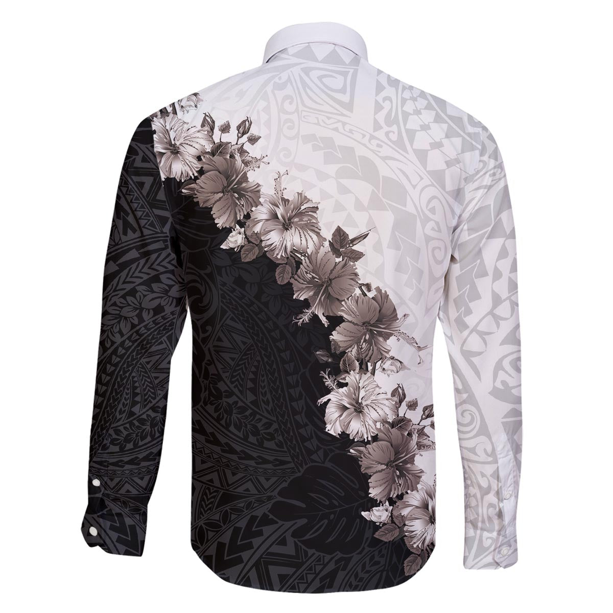 Hawaii Grayscale Hibiscus Flowers Family Matching Off The Shoulder Long Sleeve Dress and Hawaiian Shirt Polynesian Pattern With Half Black White Version LT03 - Polynesian Pride