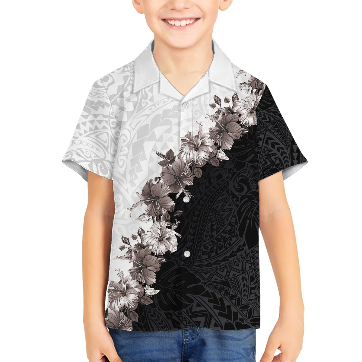 Hawaii Grayscale Hibiscus Flowers Family Matching Off The Shoulder Long Sleeve Dress and Hawaiian Shirt Polynesian Pattern With Half Black White Version LT03 Son's Shirt Black - Polynesian Pride