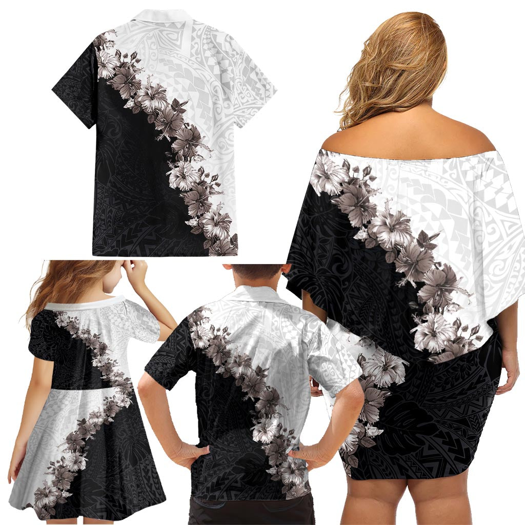 Hawaii Grayscale Hibiscus Flowers Family Matching Off Shoulder Short Dress and Hawaiian Shirt Polynesian Pattern With Half Black White Version LT03 - Polynesian Pride