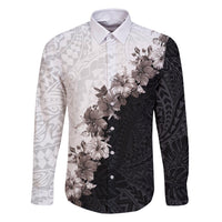 Hawaii Grayscale Hibiscus Flowers Family Matching Off Shoulder Short Dress and Hawaiian Shirt Polynesian Pattern With Half Black White Version LT03 Dad's Shirt - Long Sleeve Black - Polynesian Pride