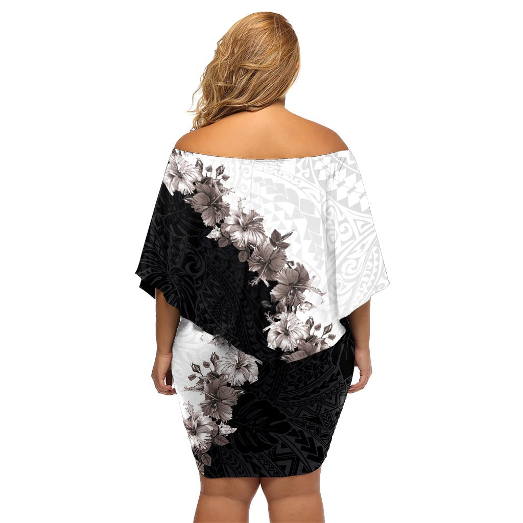 Hawaii Grayscale Hibiscus Flowers Family Matching Off Shoulder Short Dress and Hawaiian Shirt Polynesian Pattern With Half Black White Version LT03 - Polynesian Pride