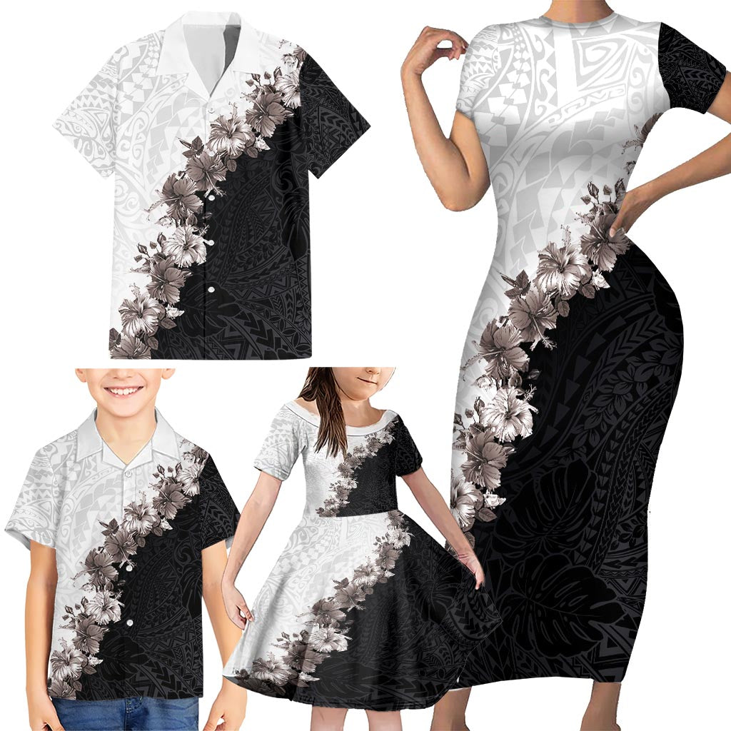 Hawaii Grayscale Hibiscus Flowers Family Matching Short Sleeve Bodycon Dress and Hawaiian Shirt Polynesian Pattern With Half Black White Version LT03 - Polynesian Pride