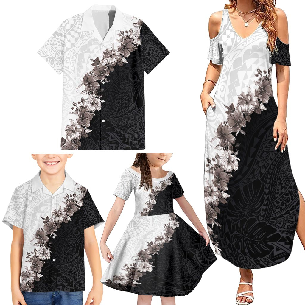 Hawaii Grayscale Hibiscus Flowers Family Matching Summer Maxi Dress and Hawaiian Shirt Polynesian Pattern With Half Black White Version LT03 - Polynesian Pride