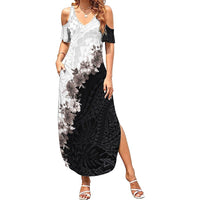 Hawaii Grayscale Hibiscus Flowers Family Matching Summer Maxi Dress and Hawaiian Shirt Polynesian Pattern With Half Black White Version LT03 Mom's Dress Black - Polynesian Pride