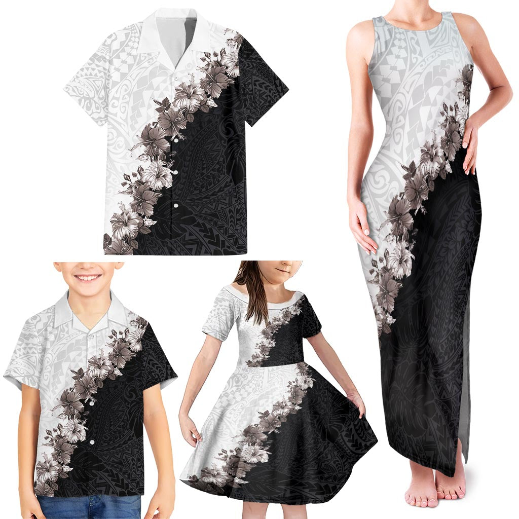 Hawaii Grayscale Hibiscus Flowers Family Matching Tank Maxi Dress and Hawaiian Shirt Polynesian Pattern With Half Black White Version LT03 - Polynesian Pride