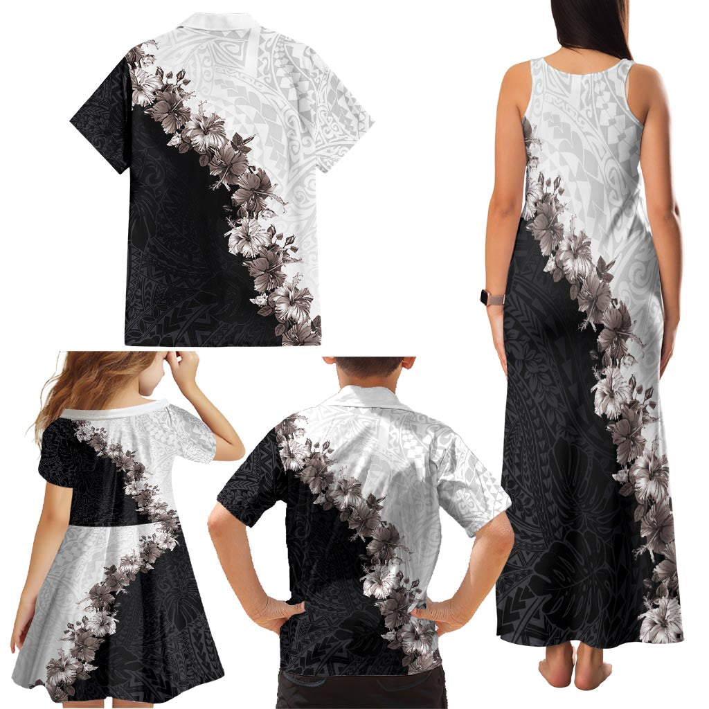 Hawaii Grayscale Hibiscus Flowers Family Matching Tank Maxi Dress and Hawaiian Shirt Polynesian Pattern With Half Black White Version LT03 - Polynesian Pride