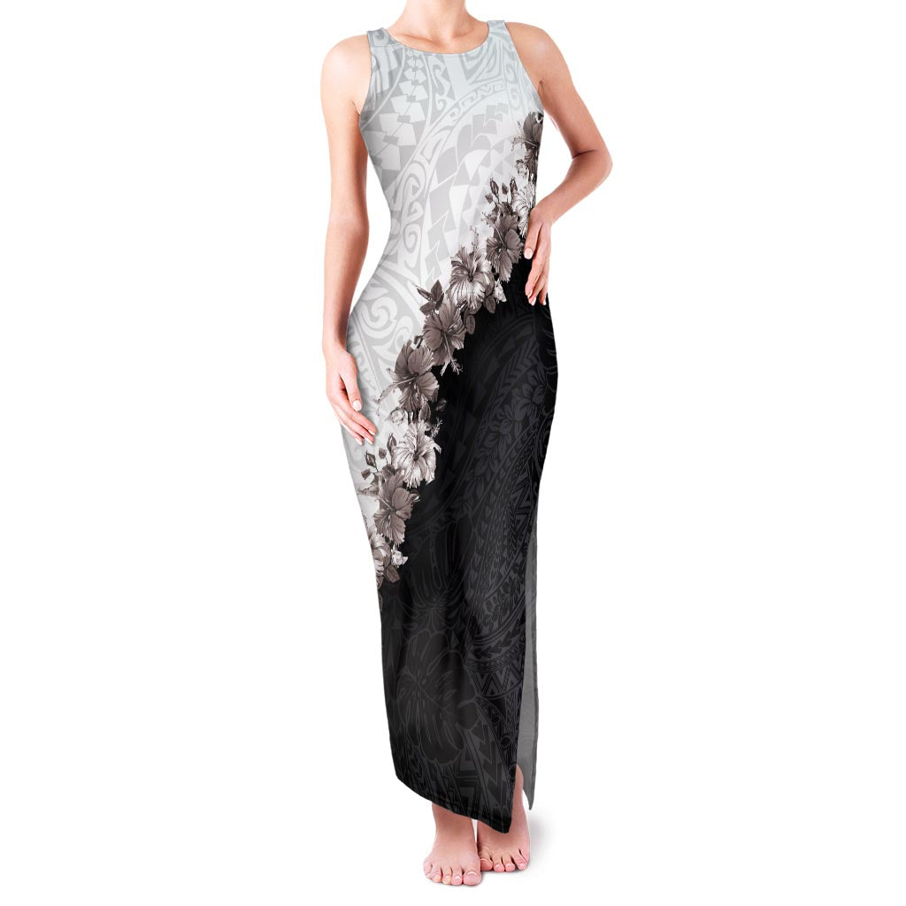 Hawaii Grayscale Hibiscus Flowers Family Matching Tank Maxi Dress and Hawaiian Shirt Polynesian Pattern With Half Black White Version LT03 Mom's Dress Black - Polynesian Pride