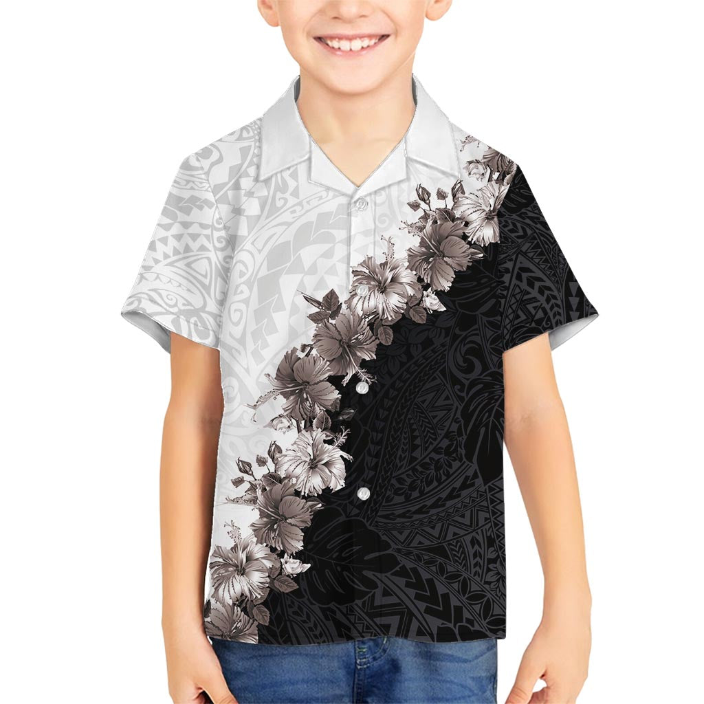 Hawaii Grayscale Hibiscus Flowers Family Matching Tank Maxi Dress and Hawaiian Shirt Polynesian Pattern With Half Black White Version LT03 Son's Shirt Black - Polynesian Pride