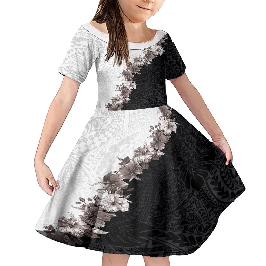 Hawaii Grayscale Hibiscus Flowers Kid Short Sleeve Dress Polynesian Pattern With Half Black White Version