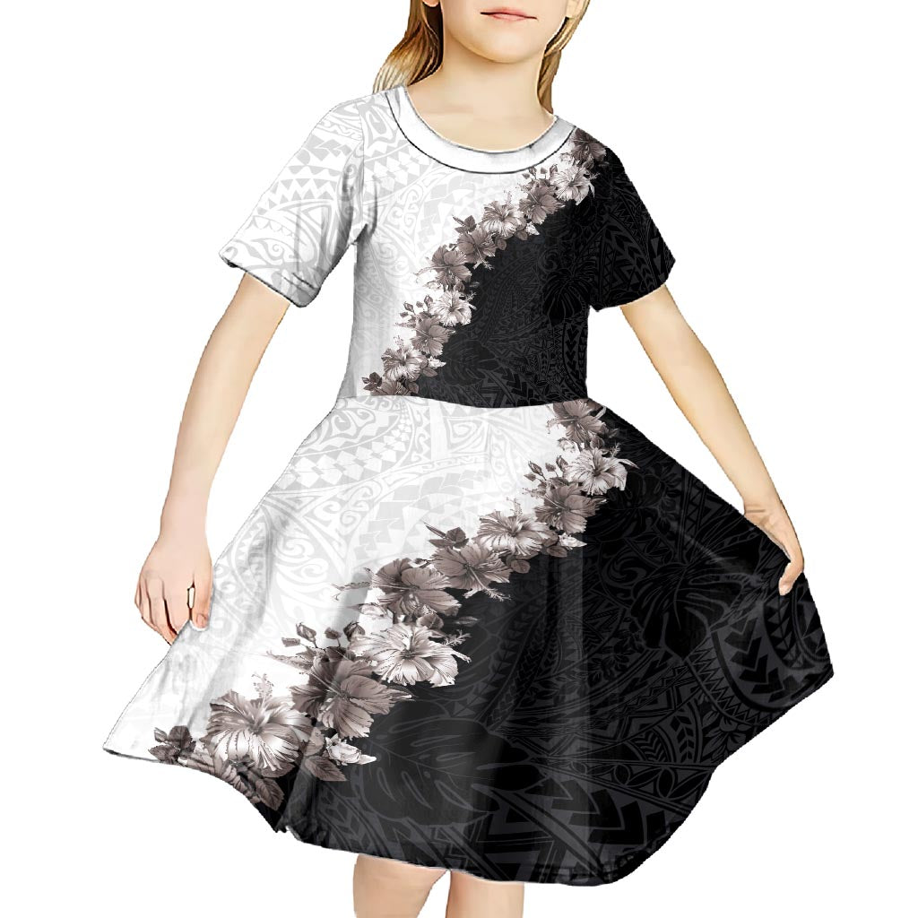 Hawaii Grayscale Hibiscus Flowers Kid Short Sleeve Dress Polynesian Pattern With Half Black White Version