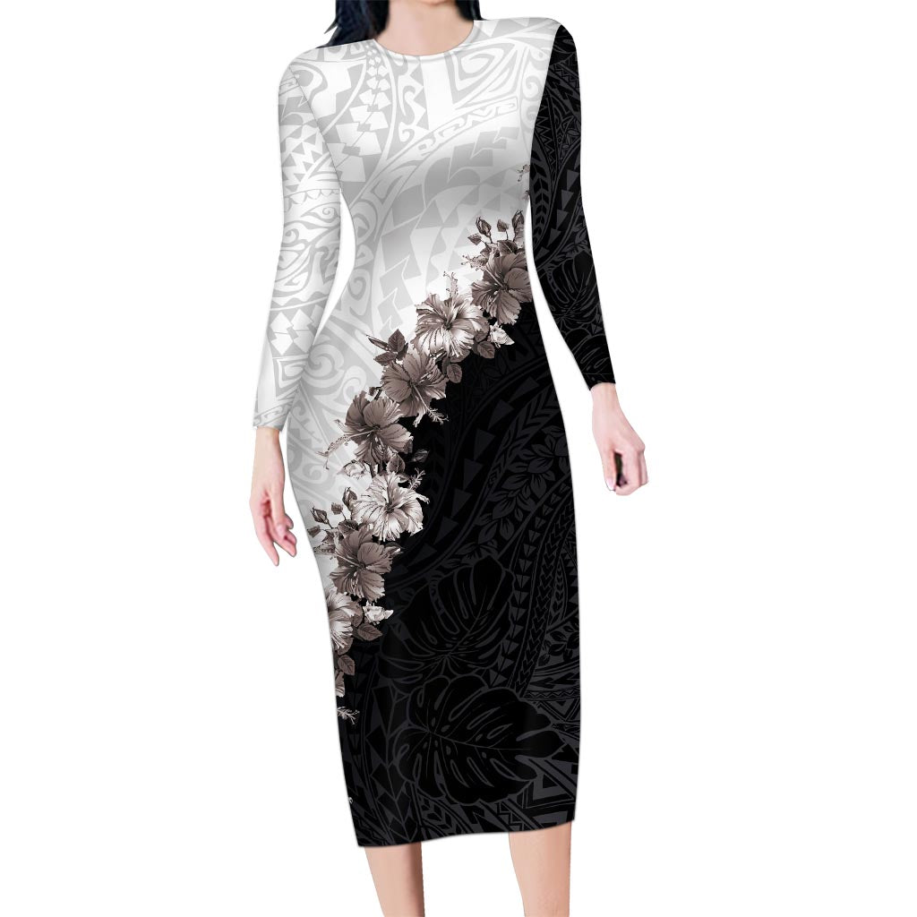 Hawaii Grayscale Hibiscus Flowers Long Sleeve Bodycon Dress Polynesian